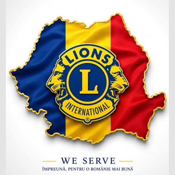 Harta României în culorile drapelului, cu emblema Lions — We Serve